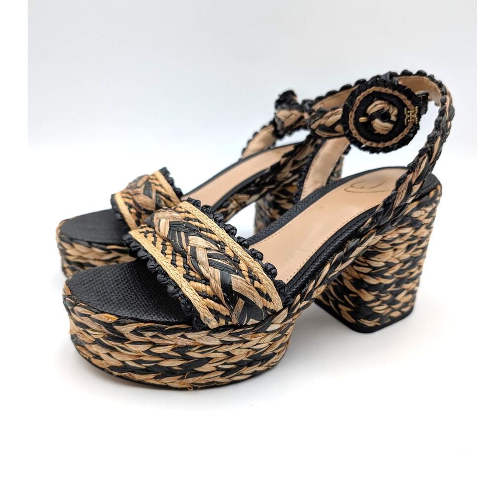 Sam Edelman Iliana Wedge Sandal Women's Black/Natural Raffia Size US7.5M EU38